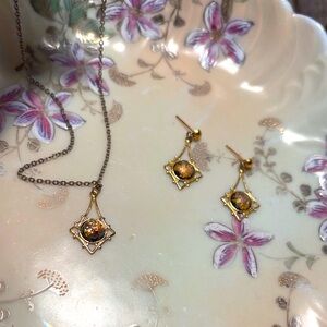 Gold Tone Opal Effect Pendant Necklace and Earring 3-Piece Set Women’s Jewelry